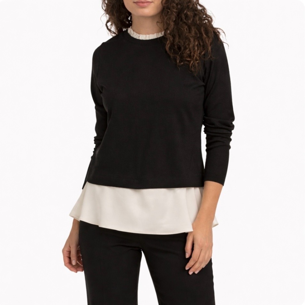Anne Klein Top L Black Knit Cream Ruffle Blouse Hem Layered Chic Workwear NWT